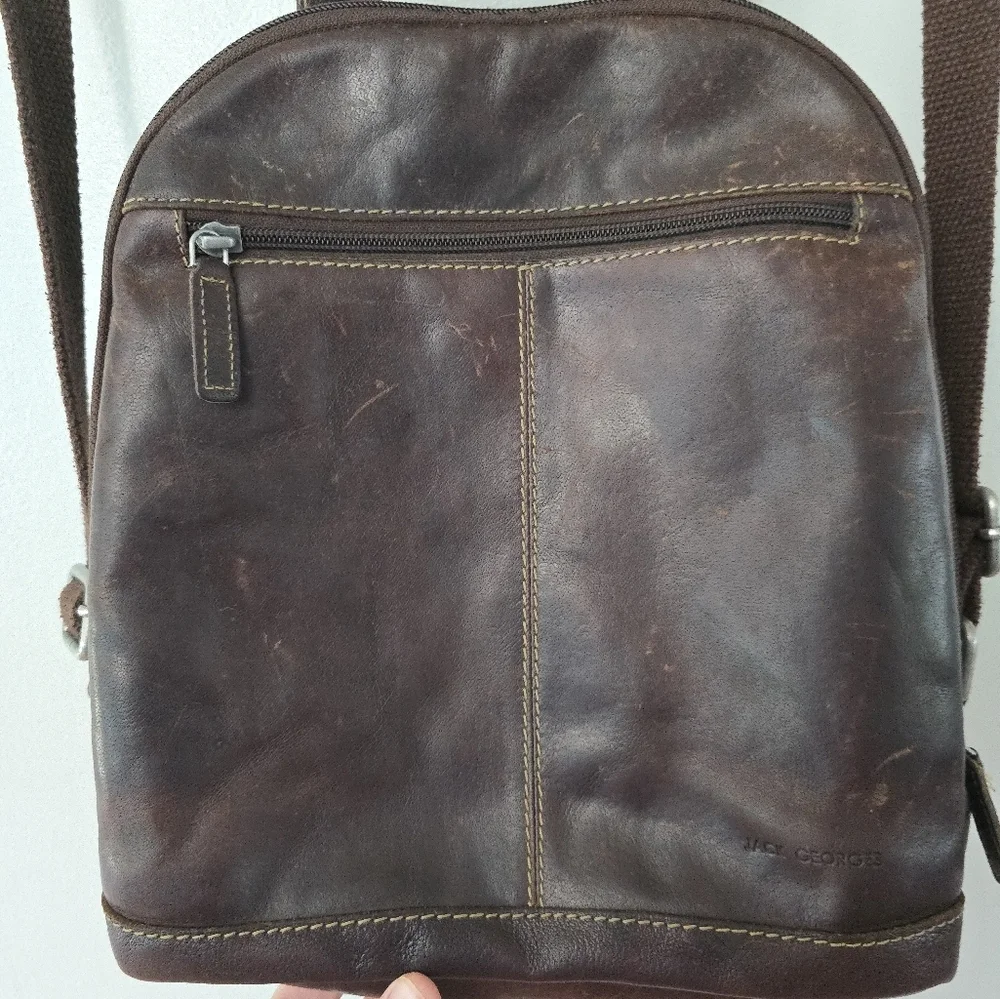Jack Georges Voyager Convertible Backpack / Messenger Brown Leather Distressed
